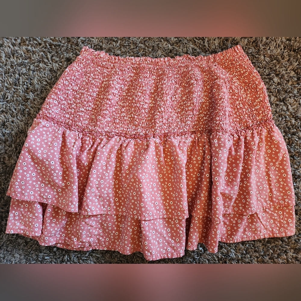 Floral Peach Coral Flowy Mini Skirt Stretchy Waist S/M